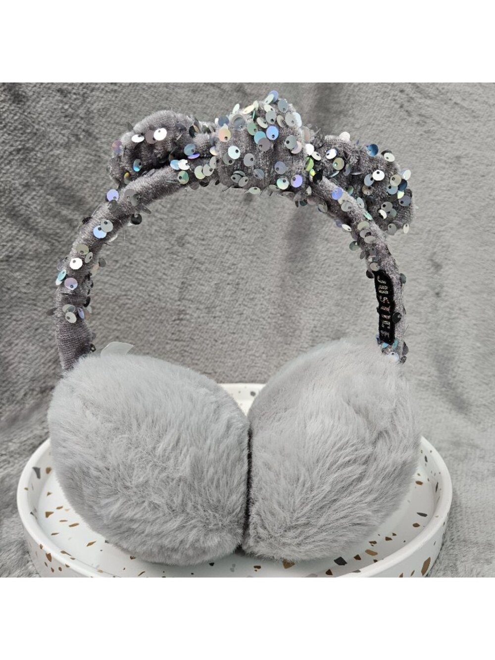 Justice Earmuffs Girls Bow Sequin Faux Fur Gray Costume Cosplay Fluffy Fuzzy